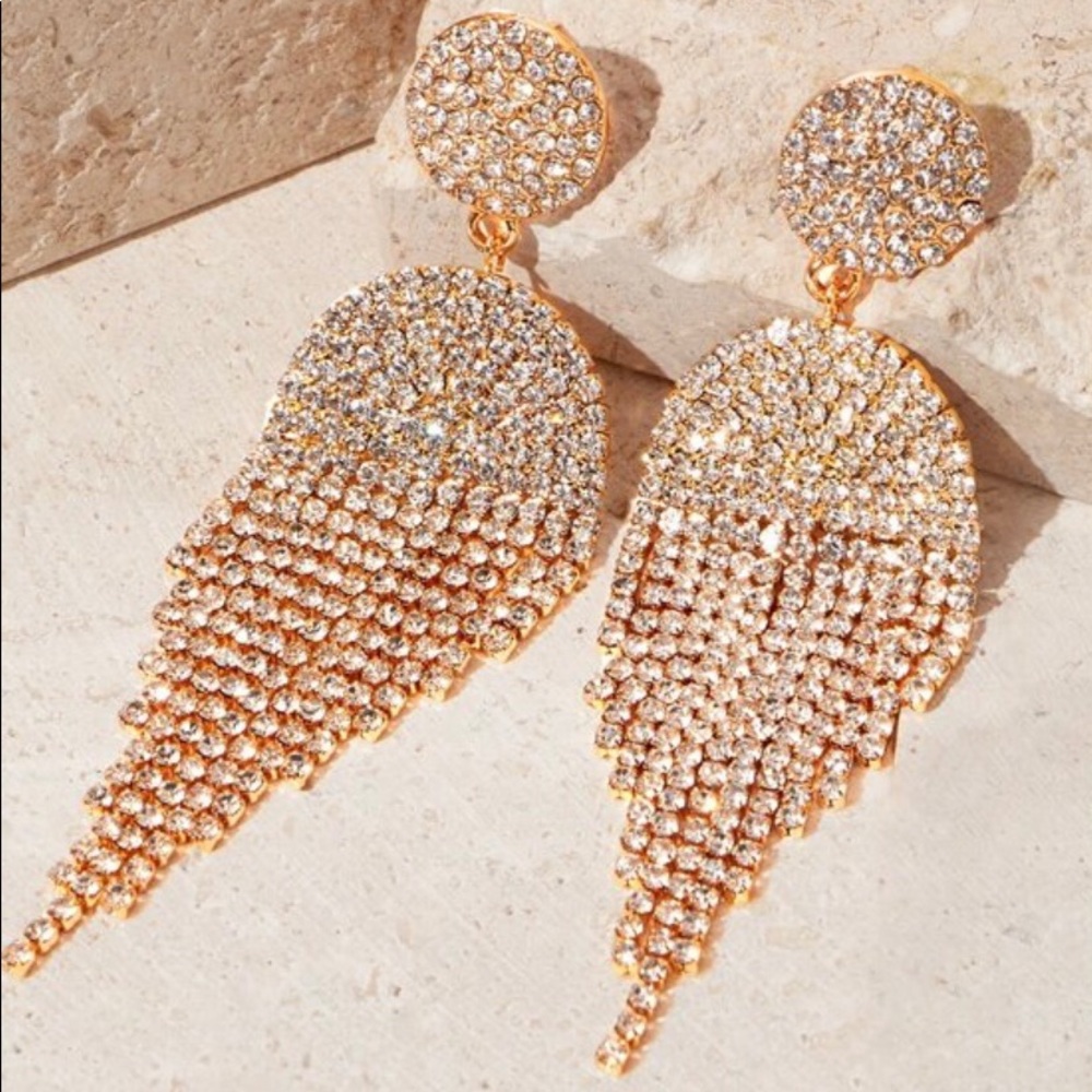 New Gold Rhinestone Tassel Earrings